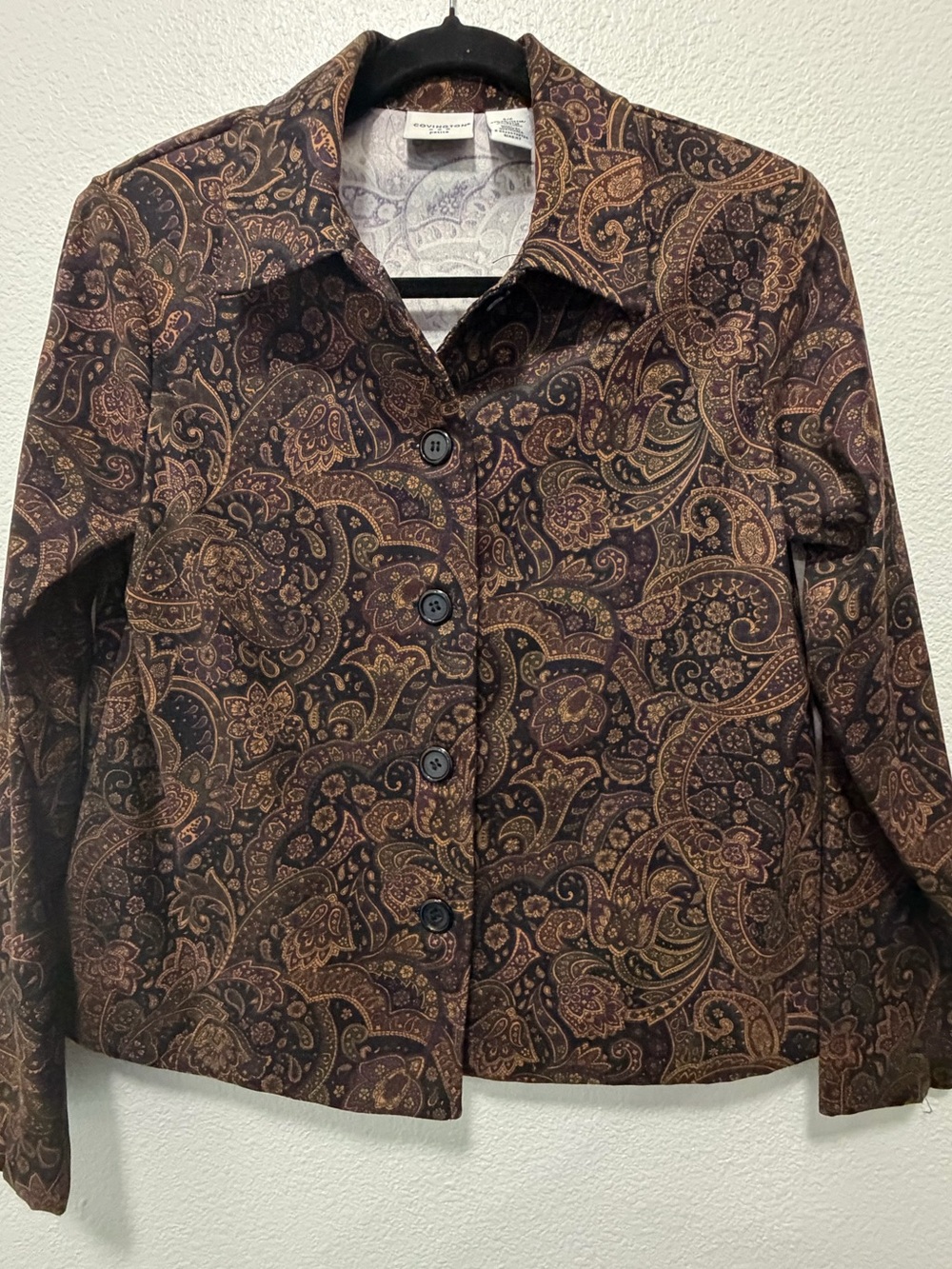 Covington brown paisley print button down jacket, small petite